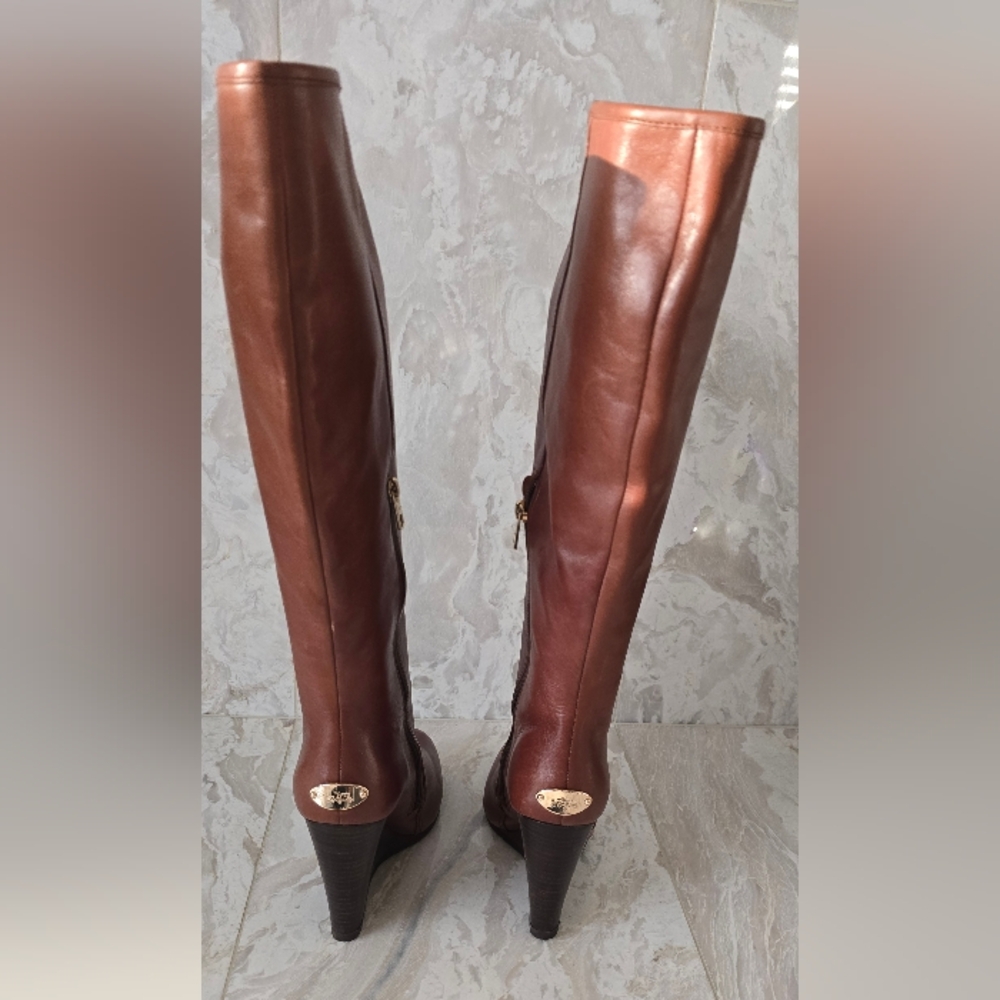 Coach Leather Chestnut Brown Tall Wedge Boots, size 9 US/39.5 EU - Picture 2 of 12